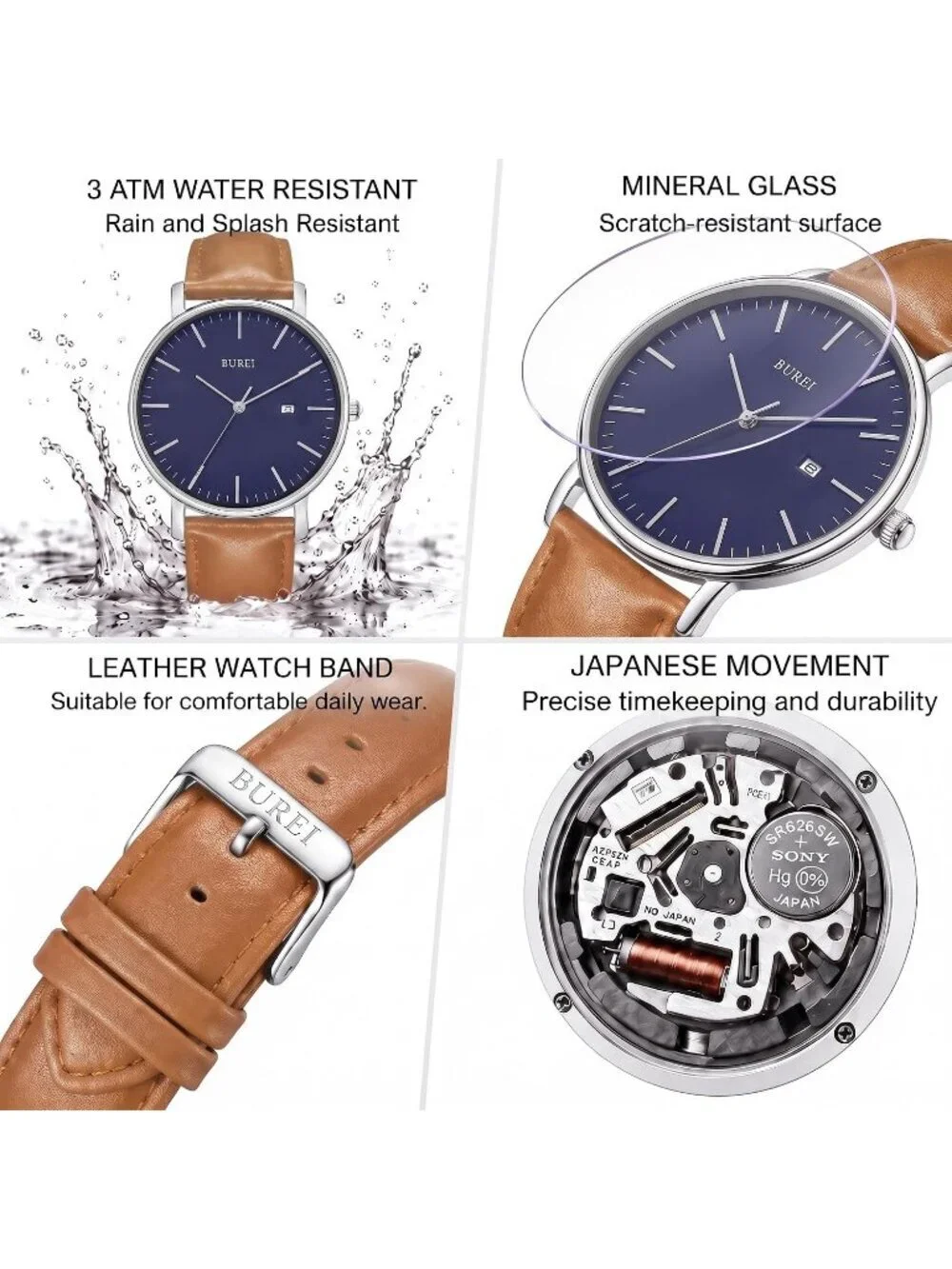 Men's Brown Blue Ultra Thin Minimalist Analog Waterproof Classic Wrist Watch